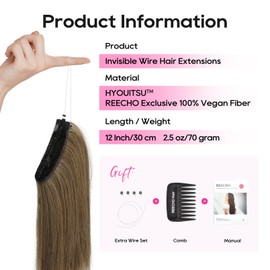 REECHO 12" Invisible Wire Hair Extensions with Thinner Softer Lace Weft Adjustable Size Removable Secure Clips in Short Straight Secret Hairpiece for Women (Ash Brown)