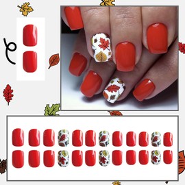 RIICFDD Fall Press on Nails Short Fake Nails Coffin False Nails Red Maple Leaf Glue on Nails Fallen Leaf Stick on Nails Full Cover Glossy Acrylic Nails for Women Girls Thanksgiving Nails 24 Pcs