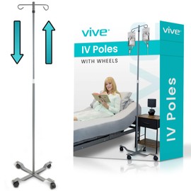 Vive IV Pole with Wheels (4 Pack) - IV Fluids Bag Stand with 2 Hooks and Adjustable Height - Portable IV Pole for Home Care, Hospitals, Clinics and Travel - Safe and Easy to Move Medical IV Drip Stand