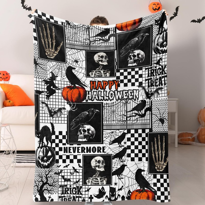Halloween Black Gothic Throw Blanket Pumpkin Crow Festival Themed Blanket