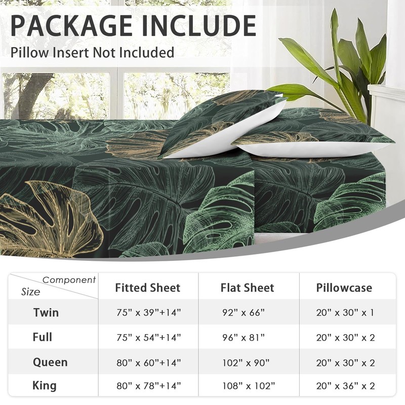 WeCozy King Size Bed Sheet Sets with Pillowcases, Green Tropical