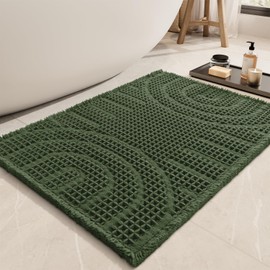 AMOAMI Waffle Bath Mat Super Absorbent Bath Mats for Bathroom Non Silp Machine Washable Bathroom Mat Soft Bath Rugs with Tassels Front of Bathtub, Sink, Green 17"x27"