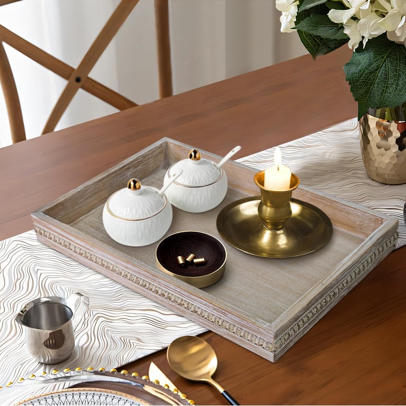 MAONAME Wood Serving Tray, Farmhouse Wooden Tray for Coffee Table,