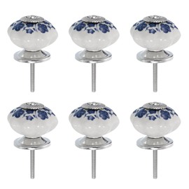 uxcell 6 Pcs Floral Ceramic Pull Knobs, Vintage Round Cabinet Knobs, Blue Flower Ceramic Knobs Pumpkin Knobs for Kitchen Cabinet, Door & Drawer, Wardrobe, Cupboard