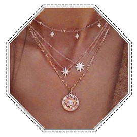 Jovono Boho Multilayer Necklace with Star and Rhinestones for Women and Girls, Gold, Metal, Rhinestone