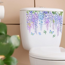 Hanging Plants Toilet Stickers Wisteria Flower Vine Bathroom Wall Sticker Butterfly Green Leaf Toilet Seat Lid Cover Decals Decor Peel and Stick Removable WC Restroom Wall Art Decorations