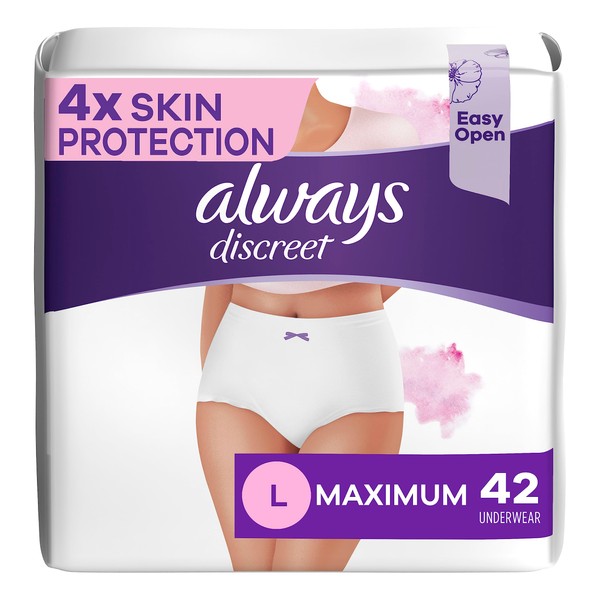 Always Discreet Adult for Sensitive Skin Underwear L Maximum Plus Absorbency Four Times Skin Protection Soft Dermatologically Tested Fragrance-Free, 42 Count