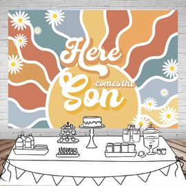 Mocsicka Sunshine Baby Shower Backdrop Here Comes The Son Background Retro Boho Sun Boy Baby Shower Party Decorations Banner Photo Studio Props (7x5ft)