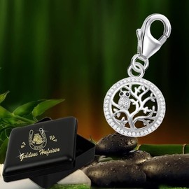 Goldene Hufeisen Tree with Mini Owl Lobster Claw Clasp Charm Pendant for Charm Bracelet 925 Sterling Silver with Zirconia, Sterling Silver Cubic Zirconia, Created Cubic Zirconia
