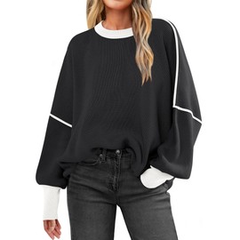 ANRABESS Womens Oversized Sweaters Fall 2024 Fashion Crewneck Batwing Long Sleeve Side Slit Knit Pullover Sweater Tops Black-M