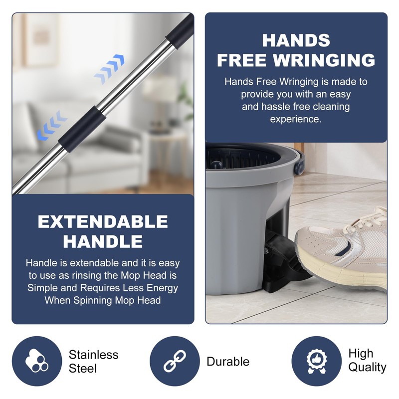 Spin Mop and Bucket System with180-Degree Rotating Head Telescopic Handle