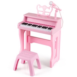 Costzon Kids Piano, 37 Key Toy Piano Keyboard with Microphone, Stool & Music Stand, Portable Electronic Educational Musical Instrument Toy, Birthday Gift for Toddler Boys Girls (Pink)