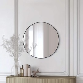 KIBI Shatterproof Wall Mount Metal Frame Round Mirror for Home Decor, Bathroom, Bedroom or Living Room - Sleek & Modern Design Circle Vanity Mirror - FM3 (Matte Black, 28")