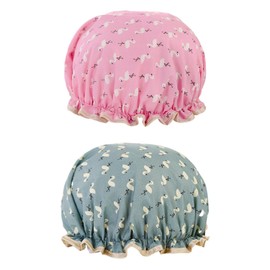 Pack of 2 Waterproof Shower Caps, Elastic Rubber Band, Double Layer with Ruffles, Reusable Shower Caps, Unisex, Suitable for Bathroom, Spa (Pink, Blue)