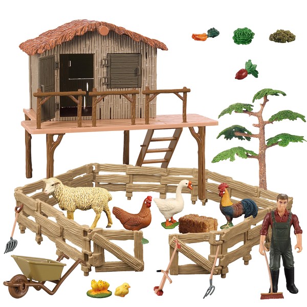Peagprav Barn Toys Farm Animals Figures with Fence Farm Playset Farm Figurines Farmhouse Toys Farmers Sheep Chicken Hen Goose Christmas Birthday Gift for Kids Toddlers Ages 3-7 Years Old