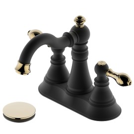 Derengge Two Handle Bathroom Faucet,Matte Black with Polished Brass Trim Bathroom Sink Faucet 3 Hole with Overflow Pop up Drain,4 Inch Centerset with 360° Swivel Spout,F-0048-MG