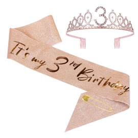 JasperKino 3th Birthday Sash and Tiara Set Rose Gold Birthday Sash Crown Birthday Party Favors Supplies for Girls Birthday Party
