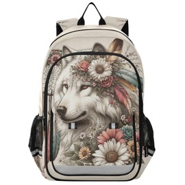 senya Wolf Backpack for Boys Girls, Flower Dreamcatcher Wolf Backpack Students Bookbag Daypack for School Primary Teens, A01E23034