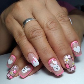 Easter Press on Nails Bunny Short Square Fake Nails with Flower Design Cute Rabbit Nails Press ons, Pink French tips False Nails Glossy Heart Reusable Spring Nails for Women Girls Manicure 24pcs