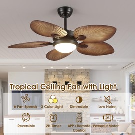 Tropical Ceiling Fans with Lights, 44 Inch Palm Leaf Outdoor Ceiling Fan with Light for Patios Porch Bedroom, Remote/APP Control, Reversible Quiet DC Motor, Dimmable LED, Wood Grain
