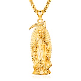 Eusense La Santa Muerte Necklace Gold 925 Sterling Silver Santa Muerte Jewelry Grim Reaper Necklace Cadena De La Santa Muerte Pendant Necklace for Men Women 24k 18K 14K 10K