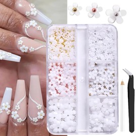 ITPOYOL 3D Flower Nail Art Charms White Nail Charms for Acrylic Nails Gold Silver Pearls Nail Supplies Rhinestones Spring Blossom Gems Nail Accessories for Women DIY Nail Decorations Design