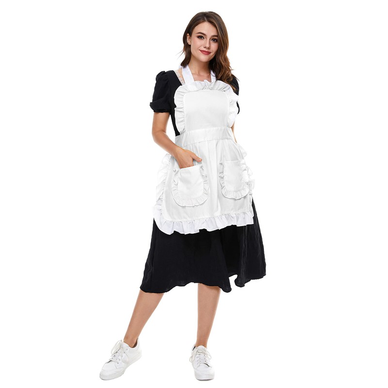 LilMents Women's Ruffles Outline Retro Pockets Apron Kitchen Cooking Cleaning