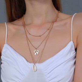 Aneneiceera Boho Layered Shell Necklace Fashion Gold Card Pendant Necklace Pearl Chain Choker Necklace Statement Shell Pendant Necklace Charm Jewellery for Women and Girls