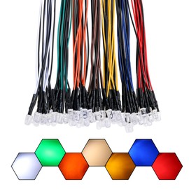 EDGELEC 56pcs (7 Colors x 8pcs) 12 Volt LED Lights Emitting Diodes Pre Wired DC 12v 5mm LED Assorted Kit Clear Lens- White Warm-White Red Yellow Green Blue Orange Small LED Lamps