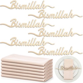 Funnymoom 6 Set Ramadan Wood Sign and Cotton Cloth Napkins Ramadan Table Decor Gifts Plate Setting Plate Sign Eid Mubarak Decorations for Eid Ramadan Islamic Muslim Home Party Wedding (Bismillah)