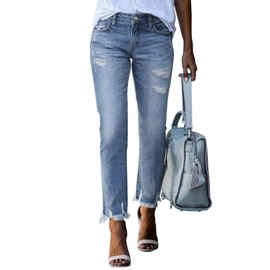 EVALESS Womens Jeans Stretchy High Waisted Pull On Ripped Distressed Jean Tummy Control Straight Ankle Denim Pants Sky Blue Size 10