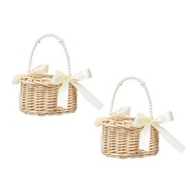 Pack of 2 Wicker Rattan Flower Girl Basket Flower Basket with Handle and Bow Flower Baskets Braided Basket for Wedding Flowers (Ribbon A)
