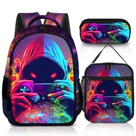 jvycjlu Boys Game Backpack Set - 17 Inch Large Capacity School Backpack with Lunch Bag & Pencil Case - for Teens, Elementary & Middle School - Durable Travel Backpack (3-Piece)