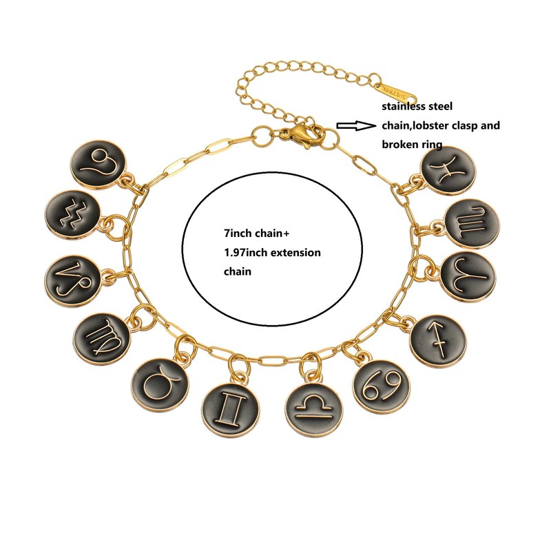 Atiyaer Zodiac Charm Bracelet with Astrological Signs Hand Made Stainless