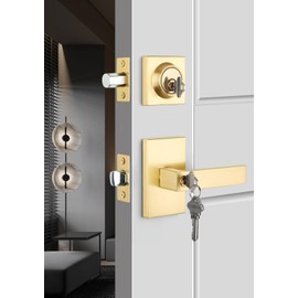 goldenwarm Gold Door Handle with Deadbolt, Square Contemporary Brushed Gold Exterior Door Lock Set with Deadbolt, Heavy Duty Zinc-alloyed Front Entry Door Locksets with Deadbolt(1 Pack)