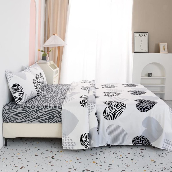 HOOBUY Soft Microfiber Printed Bed Sheets Set,All Seasons Bedding 4-Piece,Includes