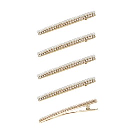 Ettika Gold Tone Plated Hair Clips for Women | Hair Accessory | Thin Pearl and Crystal Hair Clip Set of 5 in White and Gold Tone