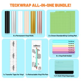 TECKWRAP Permanent Adhesive Vinyl Bundle All-in-One Basic Accessories - 12in x 5ft 6 Colors - 1 Roll Transfer Tape - 10PCS Craft Application Tools
