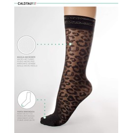 CALZITALY Pack of 3 Pairs Fine Socks, Women's Socks, Lurex Socks, Women's Stockings, Mesh Socks, Net Knee Socks, Black, One Size, Made in Italy, 3 pairs of leopard patterns