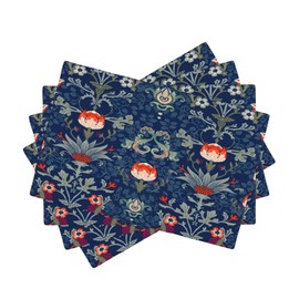 Vintage Morris Art Placemats 4 Pcs,Retro Floral Botanical Leaves Blue Design Linen Placemats for Kitchen Table Dining Room Coffe Set of 4