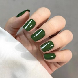 Vopintpy Dark Green Solid Color Press on Nails Short Square Fake Nails Mirror Acrylic Glue on Nails Full Cover Artificial Stick on Nails for Women DIY Charm Manicure