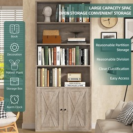 Shintenchi Bookshelf, Industrial Bookshelves and Bookcases with Doors Floor Standing 6 Shelf Display Storage Shelves 70.6 inches Tall Bookcase for Home Office, Living Room (Grey)