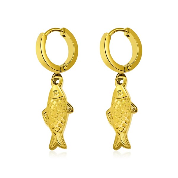 Fish Dangle Hoop Earrings, 18K Gold Plated, Textured Design, Large,