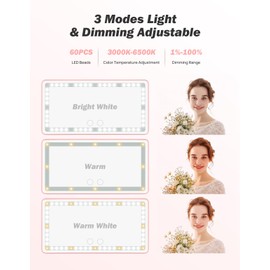JOYTUTUS Car Sun Visor Vanity Mirror, Car Vanity Mirror With Lights, Makeup Mirror with 3 Light Modes & 60 LEDs, Rechargeable Car Mirror Dimmable Touch Control Travel Makeup Mirror for Car Truck SUV