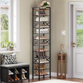 YATINEY 12-Tier Narrow Shoe Rack, Tall Shoe Rack for 12-24 Pairs, Slim Shoe Storage Organizer with Wooden Top, Space Saving, Metal Frame, for Entryway, Rustic Brown and Black SS61BR
