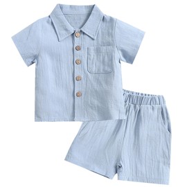 Happy Cherry Cotton Boy Sets Summer Suit Outfit Linen Button 2-3T Blue A