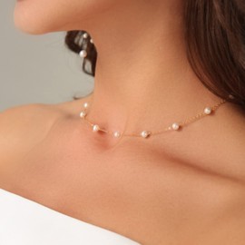 Havopso Dainty Pearl Choker Necklace Adjustable Gold Barque Pearl Beaded Chain Necklace for Women Bridesmaid Wedding Jewelry