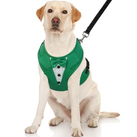 Kuoser Dog Tuxedo Harness, Adjustable Dog Harness No Pull for Small Medium Dogs, Dog Wedding Suit with Bow Tie Party Costume Green L