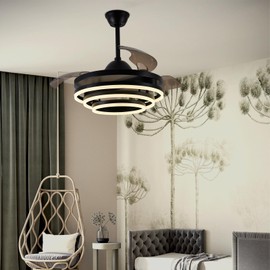 Zenouidle 42" Retractable Ceiling Fan Modern Ceiling Fans with Lights and Remote, Silent DC Motor,3 Color 6 Speed 3 Round Rings Chandelier Ceiling Fan with Lights for Bedroom Living Room(Black)