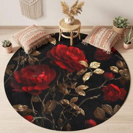 CCoutueChen Vintage Dark Floral Rug Red Black Roses 6Ft Round Rug Non-Shedding Floor Mat Dining Room Entryway Living Room Bedroom Indoor Carpet